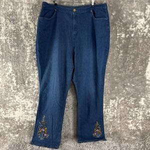 Denim Moves Plus Size 2X Embroidered Floral Straight Leg Denim‎ Jeans Blue